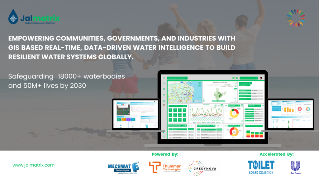 Jalmatrix, backed by Credynova, Mechwat Technologies, and Thummar Technologies under the Unilever-mentored Toilet Board Coalition accelerator, enables transparent, real-time, GIS-based water quality monitoring — transforming water intelligence into result-based climate finance and accelerating SDG impact.